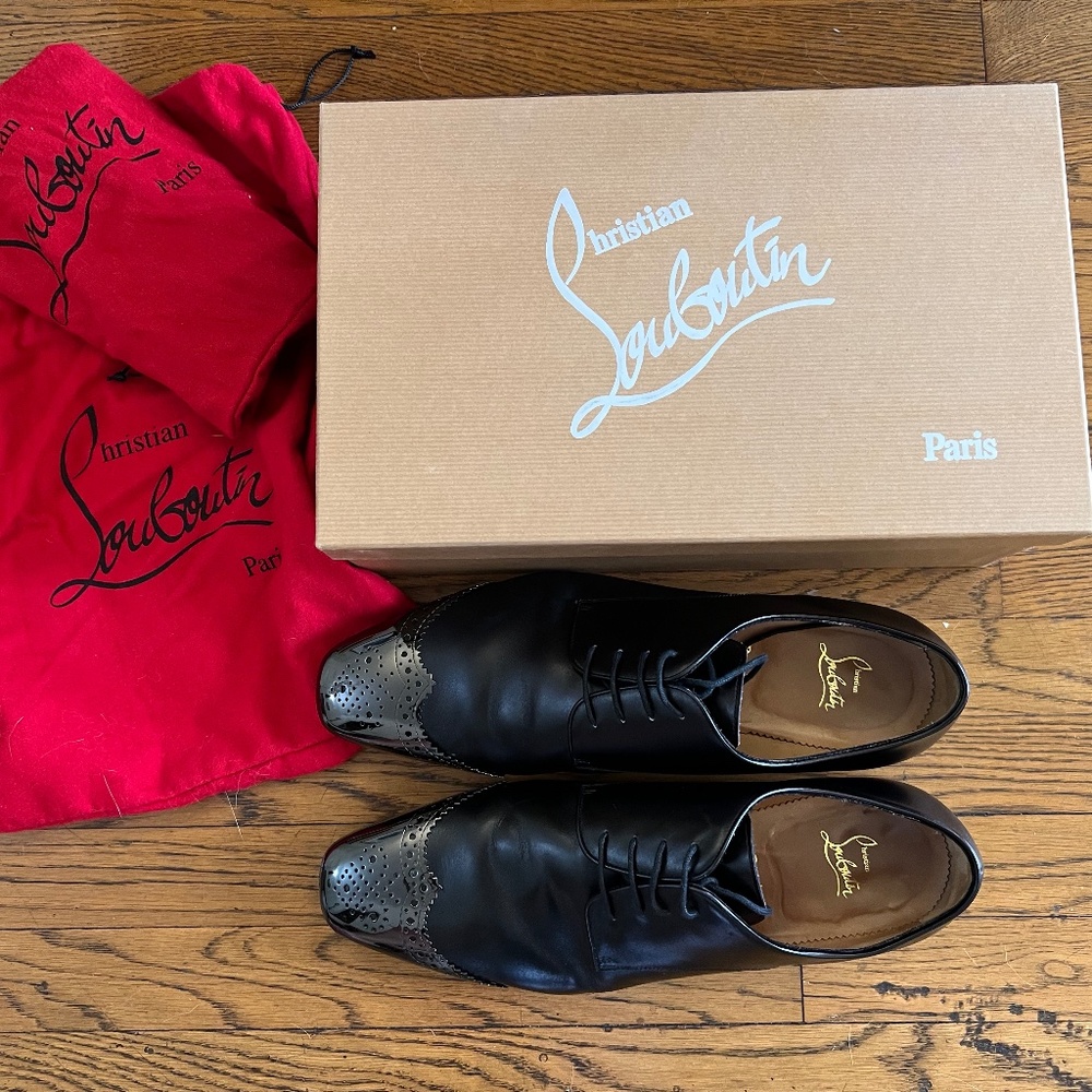CHRISTIAN LOUBOUTIN IN BOX LACE UP OXFORDS METAL WINGTIP w/ DUSTBAGS BLK GARETH